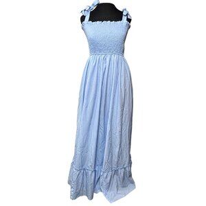 Blue Smocked Maxi Dress With Ruffled Hem & Tie Straps